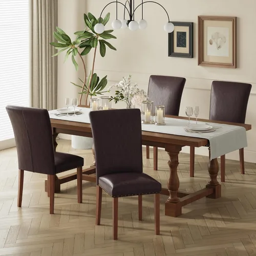 Vista 9 de COLAMY Juego de 6 sillas de comedor tapizadas Parsons, sillas laterales de tela para comedor y cocina con ribete de tachuelas y patas de madera