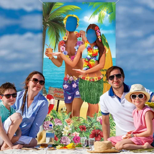Vista 4 de Blulu Pancarta hawaiana de verano de 6 x 3 pies para fotos tropicales de Luau Tiki para parejas, decoración de fiesta hawaiana, decoración de fiesta