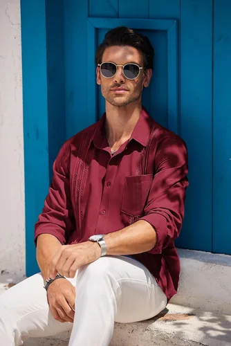 Vista 2 de COOFANDY Men's Cuban Guayabera Shirts Casual Button Down Long Sleeve Beach Shirt