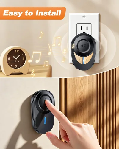 Vista 2 de Timbre inalámbrico, 1300 pies de largo alcance, 48 campanadas y 5 niveles de volumen, botón impermeable IP66, receptor enchufable con bocina