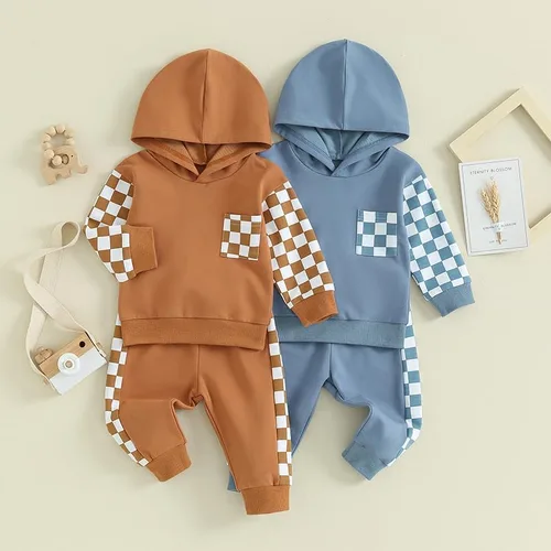 Vista 2 de LIOMENGZI Conjunto de pantalones para bebés y niños, sudadera larga con capucha y bloques de color, conjunto de ropa para otoño e invierno
