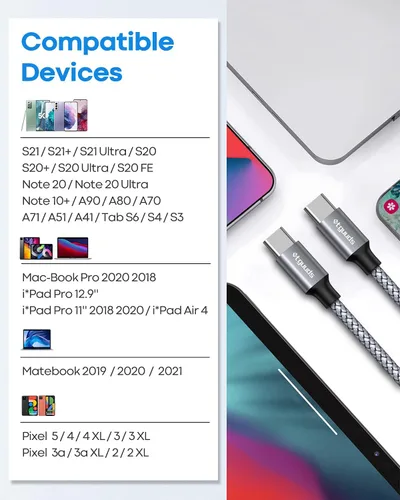 Vista 7 de etguuds USB C to USB C Cable 2 m, Long USB C to C Charging Cable PD 60 W/3 A Fast Charging Cable Nylon for iPhone 16/15/15Pro, Galaxy S24 S23 S22
