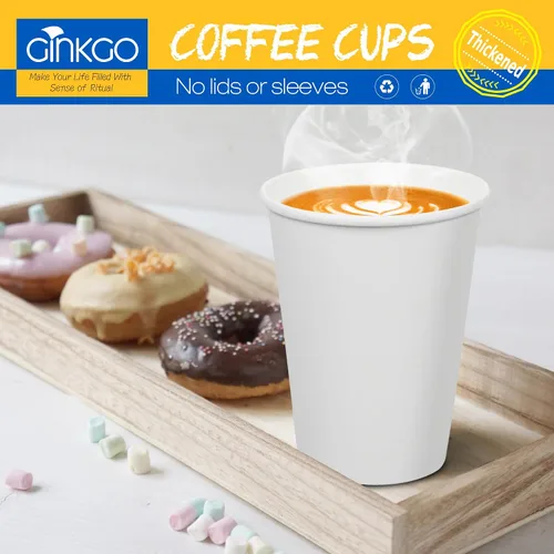 Vista 4 de Ginkgo 200 tazas de café desechables de 12 onzas a prueba de fugas, tazas de papel espesadas de papel blanco caliente tazas de café caliente