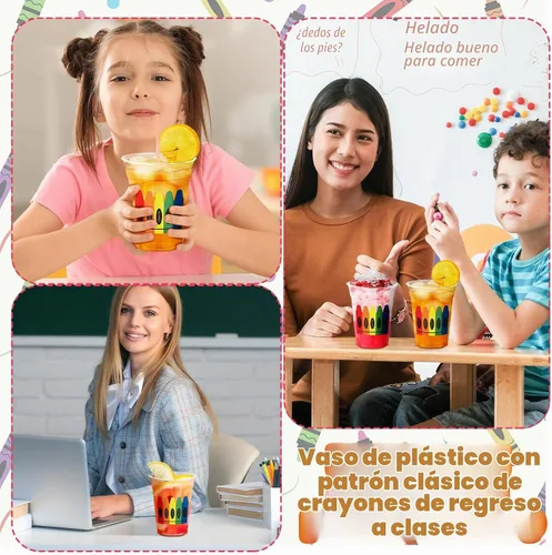 Vista 6 de Funnymoom 100 vasos de plástico de 12 onzas para el regreso a clases, vasos de crayón a granel, vasos desechables para el primer día de escuela