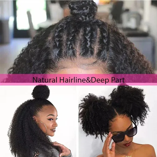 Vista 5 de Peluca de cabello humano rizado afro de 13 x 4 HD, pelucas de encaje frontal HD de 200 de densidad, sin pegamento, pelucas de cabello humano Natural