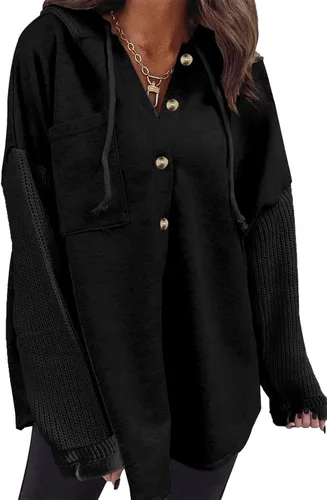 Vista 24 de SHEWIN - Sudadera de gran tamaño para mujer, de ajuste holgado, casual, manga larga, con botones, con capucha y bolsillos a gris