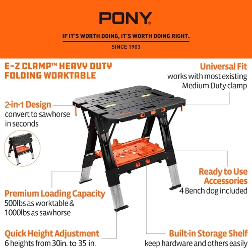 Vista 2 de Pony Portable Folding Work Table, Workbench & Sawhorse 2-in-1 Design, 31"x25"x25"-35" Height Adjustable, Heavy Duty, 4 Bench Dogs, for Woodworkers