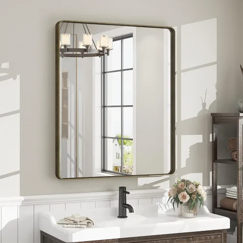 Vista 149 de Paquete de 2 espejos de baño con marco de metal negro de 22 x 30 pulgadas, espejo rectangular redondeado negro mate, antioxidante, se cuelga