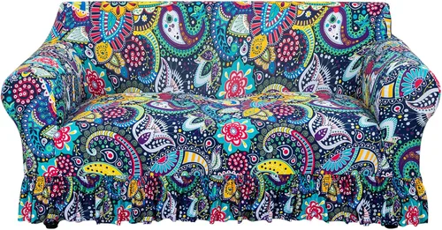 Vista 9 de FUANGUI Funda para Sofá de 1 Pieza, Funda Elástica para Sofá Estampada para Sofá de 3 Cojines con Falda Apta para Mascotas, Fundas de Sofá Lavables
