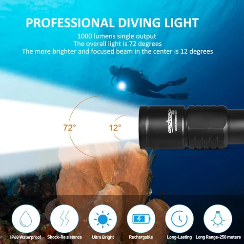 Vista 2 de orcatorch D520 linterna de buceo Luz 1000 lúmenes Submarino Luz 150M Equipo de buceo impermeable luces de seguridad para buceo, Luz de buceo