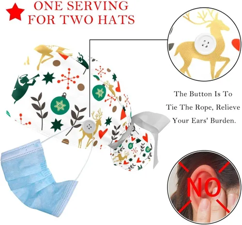 Vista 3 de 2 PCS Bouffant Cap with Button Ponytail Pouch Working Cap Sweatband Adjustable Surgical Cap Deer Floral Watercolor