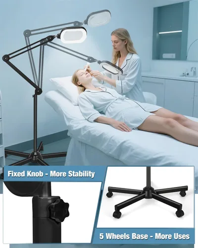 Vista 4 de Lupa 10X con luz y soporte, lámpara de pie rectangular grande con lente de vidrio óptico con base rodante de 5 ruedas, 5 modos de color LED