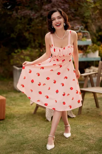 Vista 4 de Belle Poque - Vestido vintage sin mangas, para mujer, diseño floral, fruncido, lindo, acampanado, con vuelo, largo por debajo de la rodilla