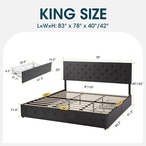 Vista 69 de WEEWAY Base de cama de plataforma tamaño King con 4 cajones de almacenamiento, cabecera capitonada con botones de costura de diamante, base de Negro