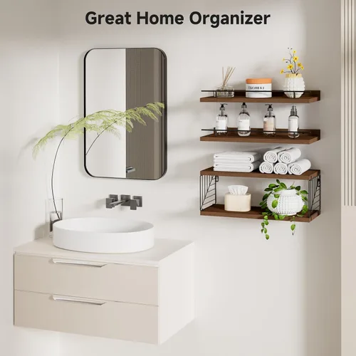 Vista 5 de Estantes flotantes para pared, estante flotante para baño, juego de 3, estante flotante para pared con soporte de papel higiénico para baño, Marrón