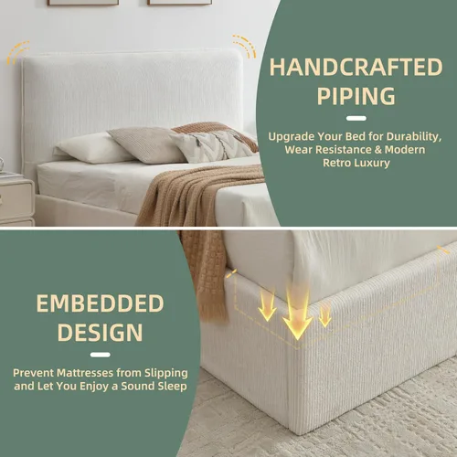 Vista 6 de Marco de cama de almacenamiento Queen con cabecero curvado, color crema Linen Upholstered Bed Frame, Hydraulic & Sturdy Wooden Slat Support, No