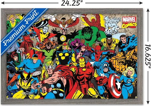 Vista 3 de Trends International Marvel Comics - Póster de pared de línea retro, 14.725 x 22.375 pulgadas, versión enmarcada de madera de granero