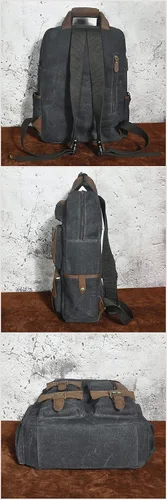 Vista 4 de Le'aokuu Lona y cuero genuino impermeable unisex adulto mochila diaria mochila casual bolsa de viaje, Negro