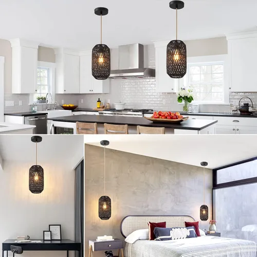 Vista 3 de Ruzectt Luminarias Colgantes Luces Colgantes de Ratán Negro para Isla de Cocina con Cable de Algodón Dorado Ajustable de 72 pulgadas, Lámpara