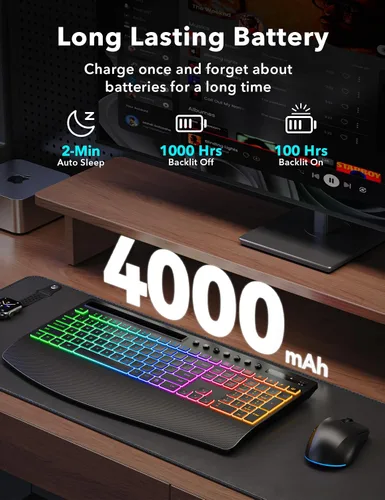 Vista 2 de Trueque Combo de teclado y mouse inalámbricos, teclado retroiluminado recargable de 4000 mAh con reposamuñecas y soporte para teléfono, escritura