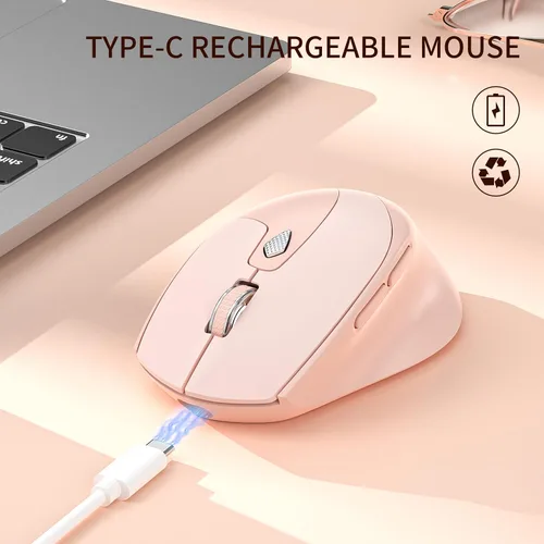 Vista 8 de TENMOS Ratón Bluetooth M7, USB C recargable silencioso inalámbrico Rosa claro