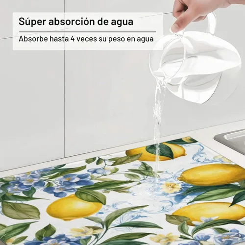 Vista 5 de Tapete de secado de platos de limón para encimera de cocina, protector y decoración súper absorbente de doble cara de microfibra para barra de café
