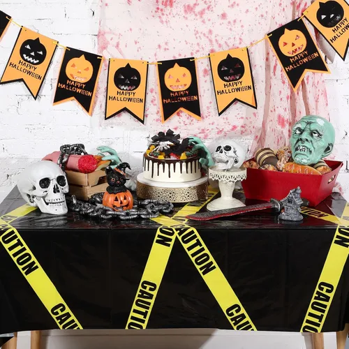 Vista 3 de Irenare 3 piezas de suministros de fiesta de cumpleaños de construcción de Halloween, cinta de precaución de plástico desechable, mantel de Negro