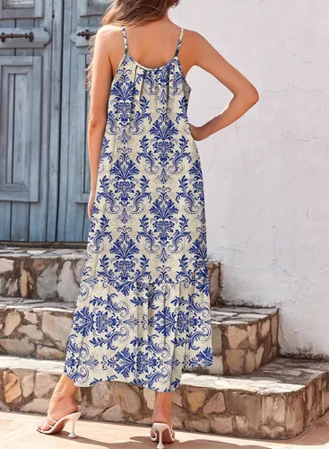 Vista 2 de Dokotoo - Vestidos de verano para mujer con tirantes delgados, cuello redondo, fruncido y volantes, vestido largo bohemio