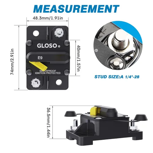 Vista 2 de GLOSO E98 Manaul Reset, impermeable IP67 Marine Auto Camión, perno de 1/4", disyuntor Hi-Amp (25A)