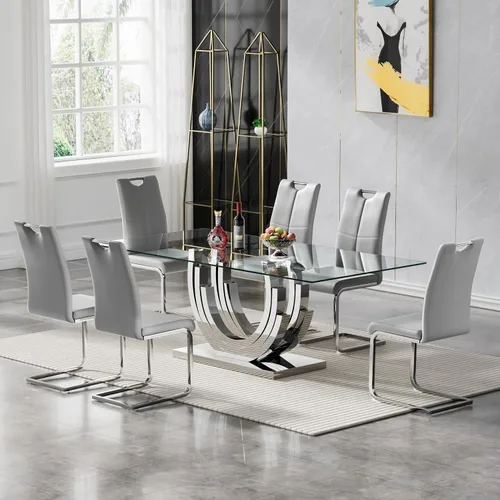 Vista 31 de Juego de mesa de comedor de vidrio de 70 pulgadas para 4, mesa rectangular de cristal dorado con 4 sillas de piel sintética, juego de mesa de Mesa