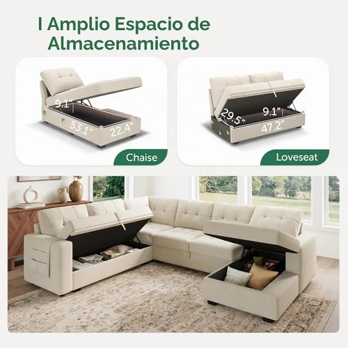 Vista 3 de HONBAY Sofá Seccional Cama Extraíble, Sofá Seccional en Forma de U con Chaise de Almacenamiento, Sofá Cama para Sala de Estar, Beige