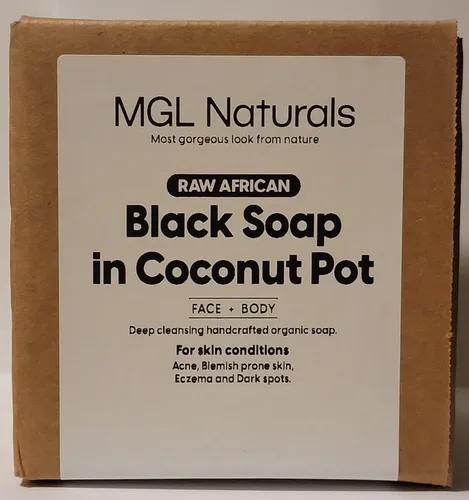 Vista 7 de MGL Naturals Jabón negro africano crudo en olla de coco Premium y orgánico Limpieza profunda facial y corporal. Para acné, eccema y manchas