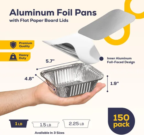 Vista 2 de Fit Meal Prep Paquete de 150 sartenes pequeñas de papel de aluminio de 1 libra con tapas, recipientes desechables para alimentos con tapas