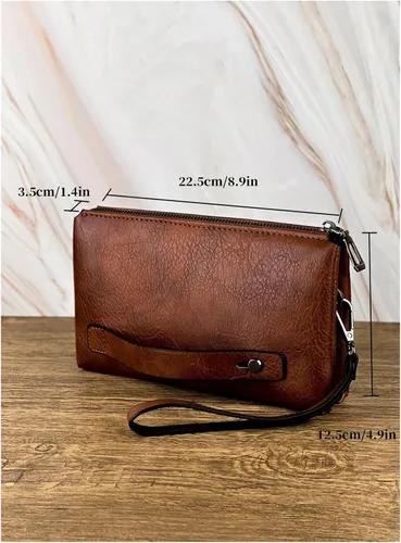 Vista 4 de Bolso de mano retro para hombre, cartera de negocios, gran capacidad, doble compartimento, cremallera