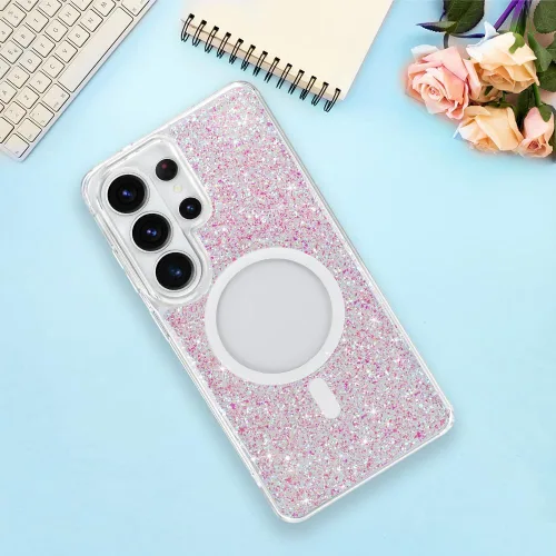 Vista 534 de Bonoma - Funda compatible con Samsung Galaxy S21 Plus, diseño de corazón con purpurina, color rosa Support for MagSafe, Plating Magnetic Case TPU