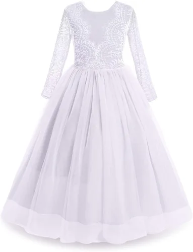 Vista 2 de Iwemek - Vestido largo y ampón con encaje floral de estilo clásico, para bodas, bailes, primeras comuniones y concursos de belleza
