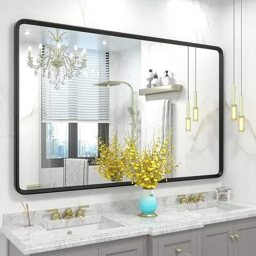 Vista 18 de Espejo rectangular con marco mate negro de 20x30 pulgadas para baño, espejo de tocador para pared de baño con esquinas redondeadas, antióxido y a