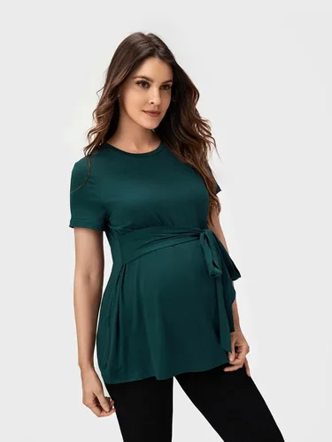 Vista 5 de OYOANGLE Camisetas básicas de maternidad para mujer, con lazo frontal, manga corta, cuello redondo, peplum