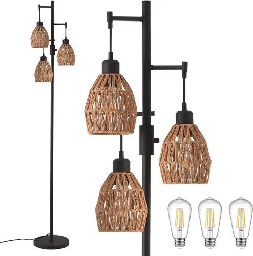 Vista 8 de Lámpara de pie dorada para sala de estar y dormitorio, lámpara de pie vintage de 3 luces con vidrio emplomado, lámparas de pie altas modernas