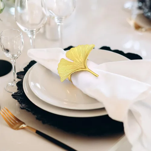 Vista 5 de Jolitee Juego de cuatro servilleteros dorados de hoja de ginkgo – Elegante metal pesado, accesorio de mesa versátil para bodas, vacaciones y uso