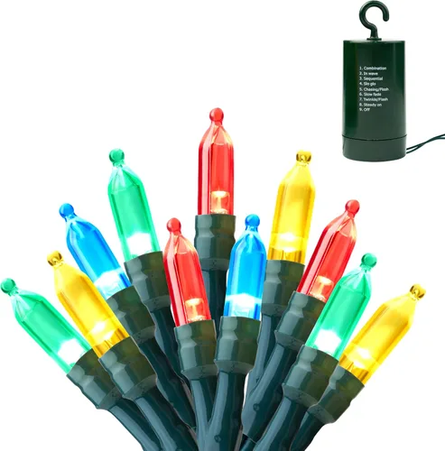 Vista 13 de Joiedomi Guirnalda de luces LED de Navidad, 2 x 50 unidades, 31.4 pies, funciona con pilas, con 8 modos, cable verde multifunción para decoración