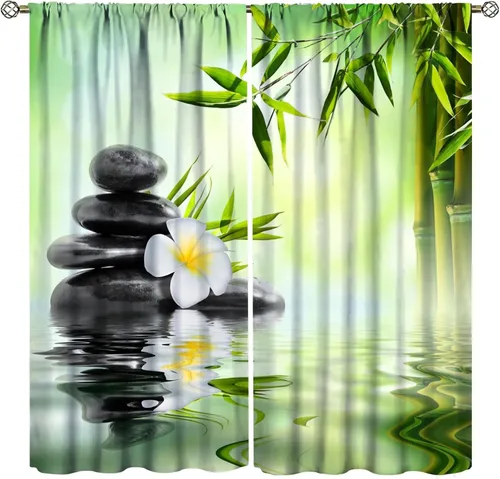 Vista 40 de Cortinas con estampado de bambú verde natural, plantas asiáticas, japonesas, tallos rústicos, hojas, cortina de selva con bolsillo para cortinero