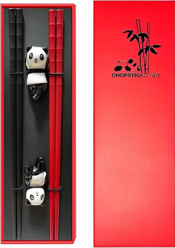 Vista 12 de Juego de palillos panda con reposo de regalo, aptos para lavavajillas, reutilizables, de fibra de vidrio, palillos y soporte de porcelana