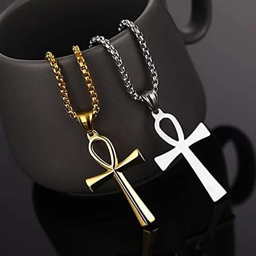 Vista 3 de Collar con colgante de cruz de Ankh copta egipcia antigua de acero inoxidable para niños, mujeres y hombres, en cadena Rolo de 24 pulgadas