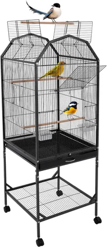 Vista 13 de Jaula grande para pájaros, jaulas movibles para pájaros con ruedas, 4 ventanas de alimentación, bandeja deslizante, aviario panorámico para pájaros