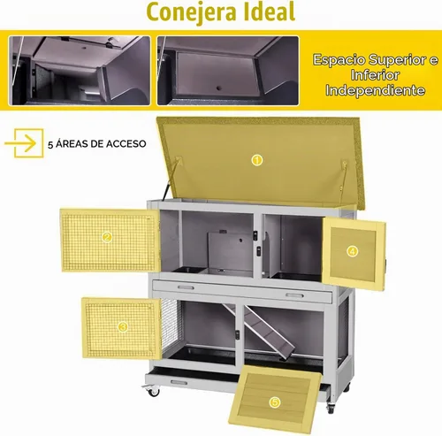 Vista 5 de Aivituvin Rabbit Hutch - Jaula de conejito para interiores y exteriores, 2 pisos, casa de mascotas, jaula de conejillo de indias con ruedas, 36 Gris