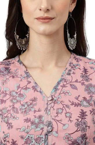 Vista 7 de Janasya Vestido acampanado con estampado floral de lúrex de gasa rosa para mujer