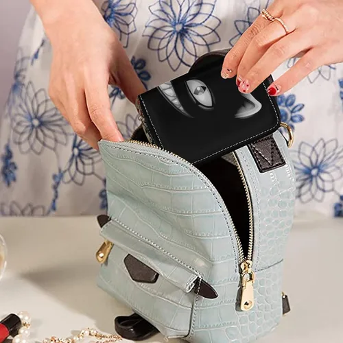 Vista 5 de Cartera de monedero de piel para mujer, diseño de gato negro con cara de gato, color gris, con bloqueo RFID