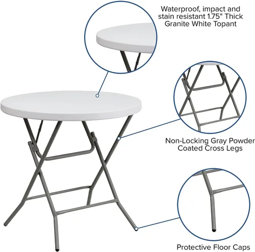 Vista 4 de Flash Furniture Elon Mesa plegable redonda de plástico blanco granito de 2.63 pies, color blanco