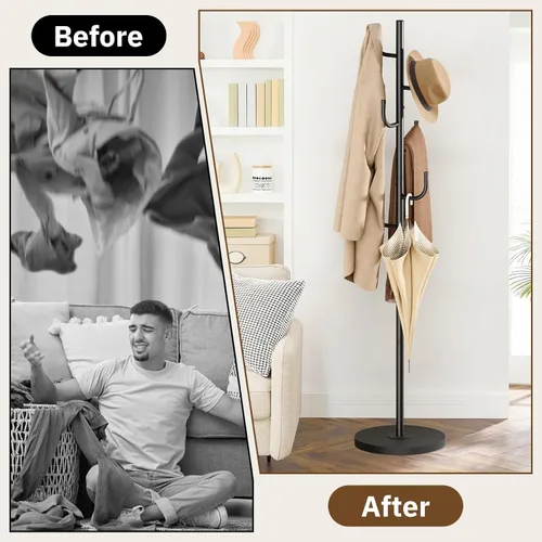 Vista 8 de MISSLO Perchero resistente independiente de 4 tamaños ajustables con base de madera estable, soporte de pie con 6 ganchos para colgar ropa, árbol
